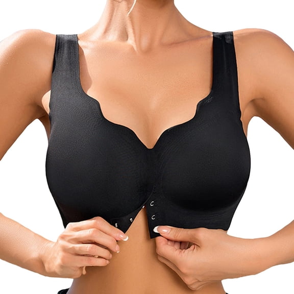 iHPH7 Bra Front Closure for Women Floral Print Bras for Seniors Back Support Posture Bra No Underwire Daisy Bras for Older Women Front Open Bras for Women Soft Black L