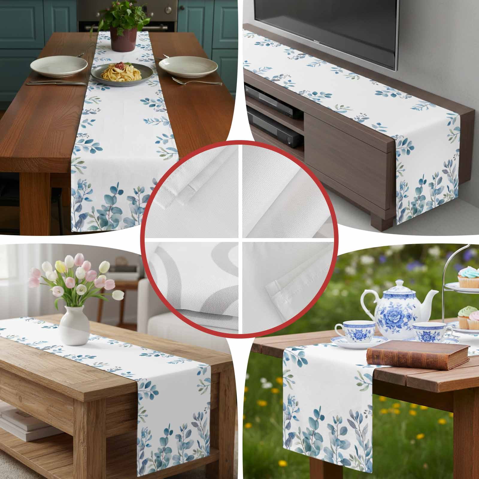Pastoral Blue Eucalyptus Leaves Table Runner 90 Inches Long, Idyllic Botanical on White Table Runners Tabletop Scarf Kitchen Dining Tables Decoration for Home Party Indoor Outdoor
