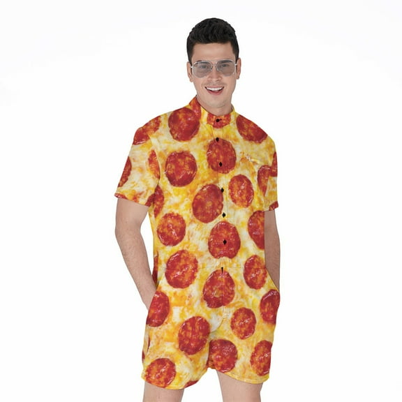 Pepperoni Pizza Short Sleeve Men'S Rompers, Food Lover Casual Summer Jumpsuits Outfit