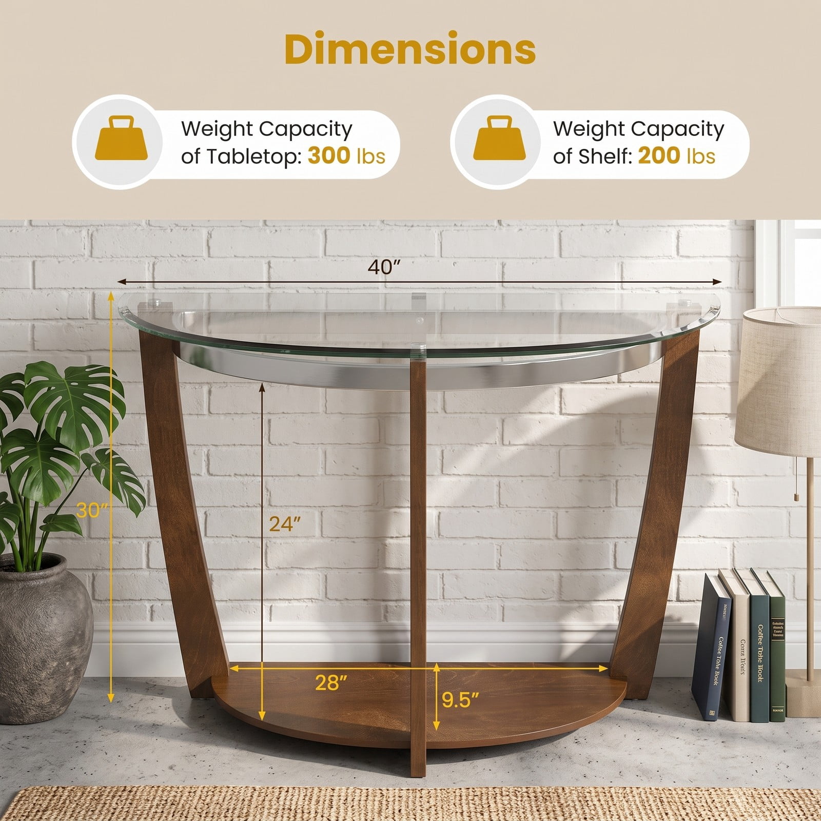 Furnibear 2-Tier Tempered Glass Console Table, Half-Moon Sofa Entryway Table with Open Storage Shelf and Solid Wood Legs for Living Room Hallway, Walnut