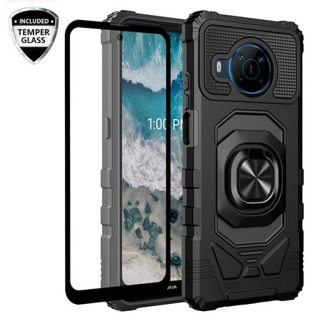 Ring Kickstand Phone Case for Nokia X100 w/Tempered Glass Screen Protector for Car Mount Hybrid Hard Shockproof Case - Black