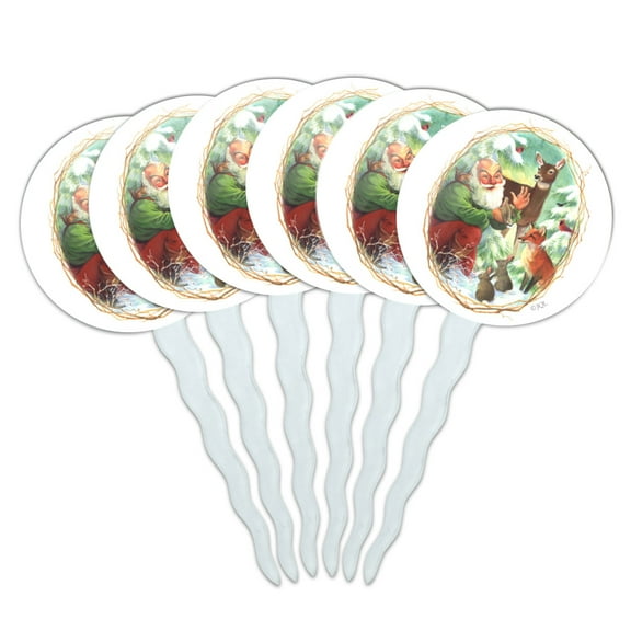Christmas Holiday Santa Claus Forest Animals Cupcake Picks Toppers Decoration Set of 6
