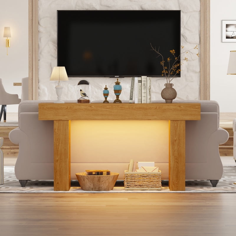 63-Inch Long Console Table with Sensor Light, Farmhouse Entryway Table, Wooden Rectangular Sofa Table Behind Couch for Entrance, Hallway, Living Room