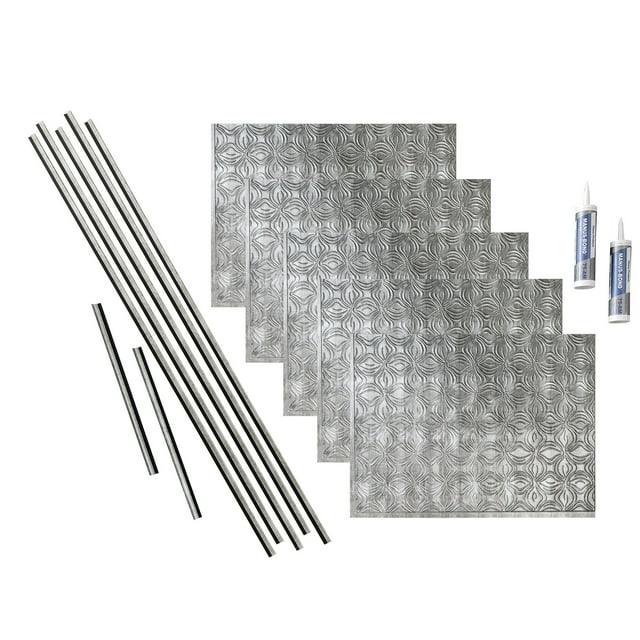 FASÄDE Lotus Decorative Vinyl Backsplash 15 sq ft Kit in Crosshatch Silver