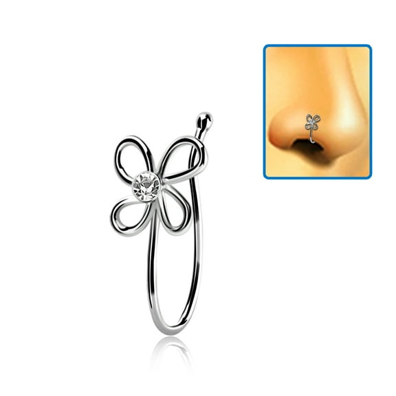 iJewelry2 Flower Clover Illusion Faux Sterling Silver Lip Nose Bone Ring Clip with a Clear Crystal