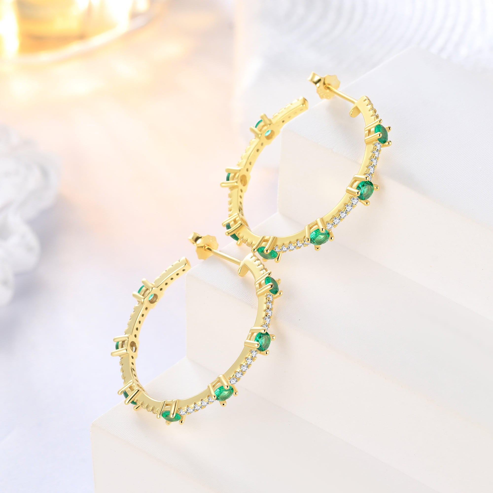 Fasjewly Birthstone Hoop Earrings,14k Gold Plated 925 Sterling Silver Earrings Studs Cubic Zirconia Jewelry Gifts for Women-May