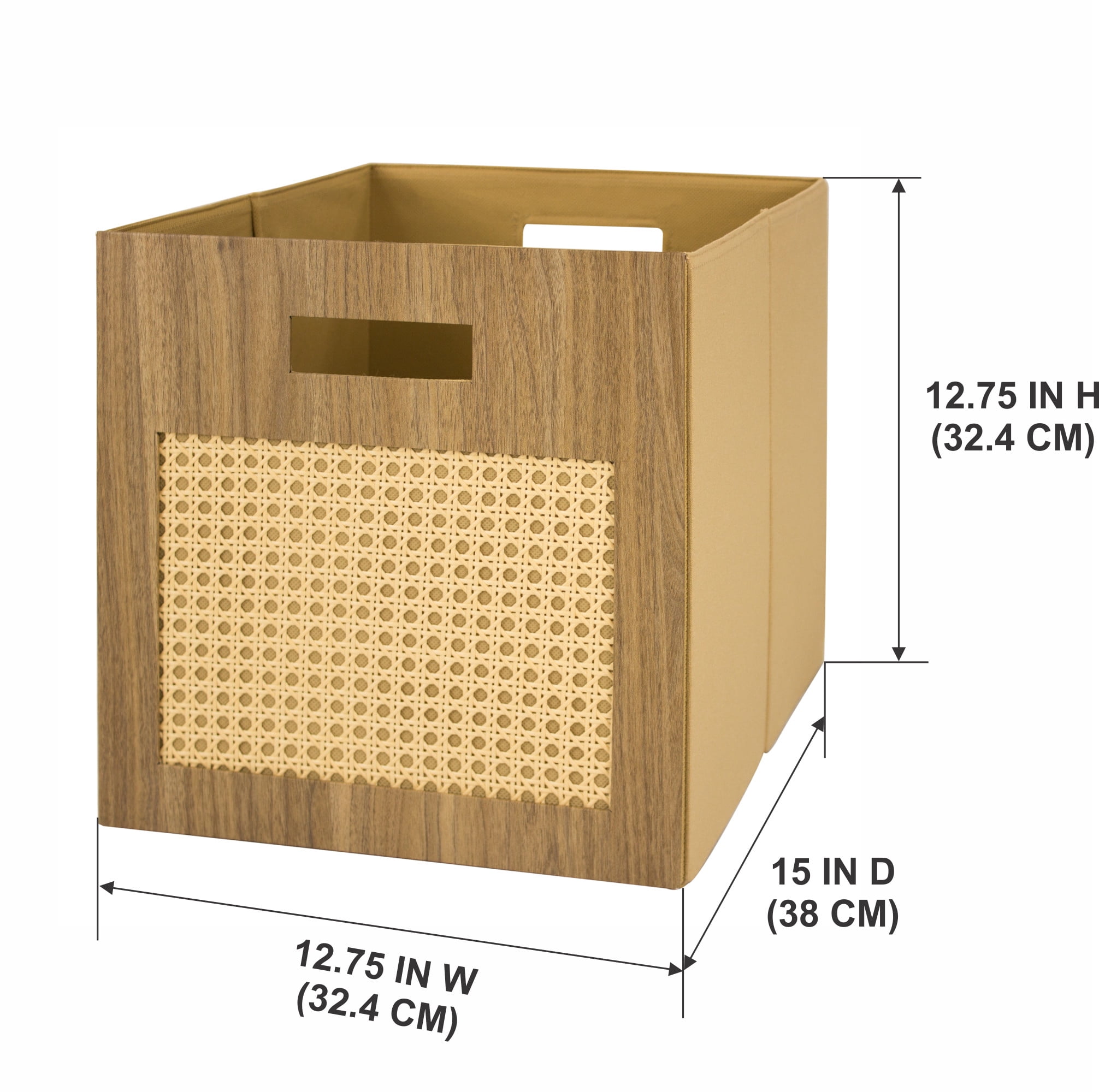 Better Homes & Gardens Fabric Cube Storage Bins, Honey with Caning, 2 Pack, 12.75 in x 12.75 in x 15 in