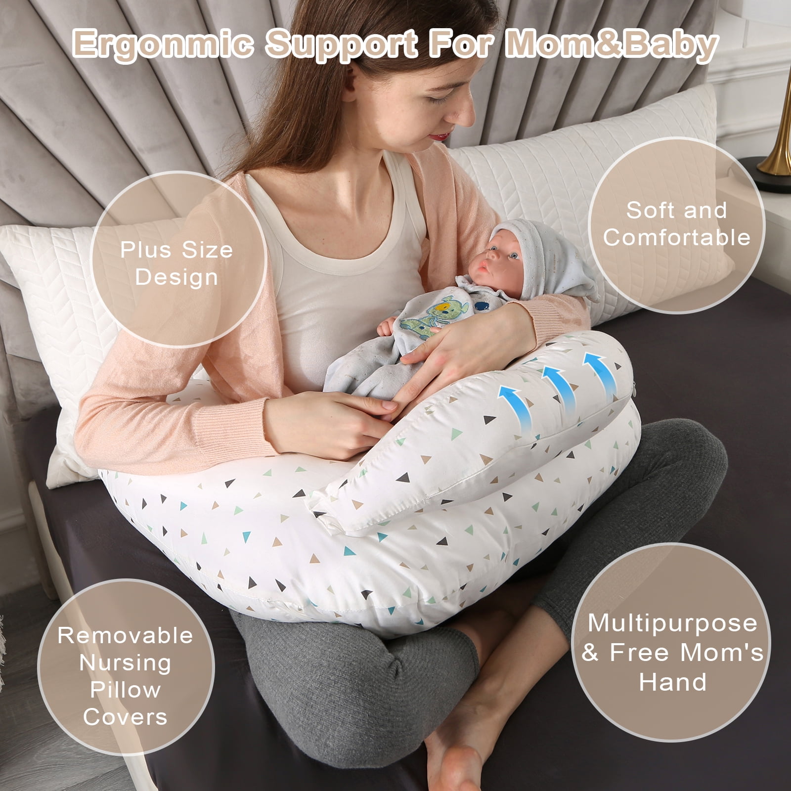 BATTOP Nursing Pillow for Breastfeeding,Plus Size Breastfeeding Pillows for More Support,With Adjustable Waist Strap and Removable Cover