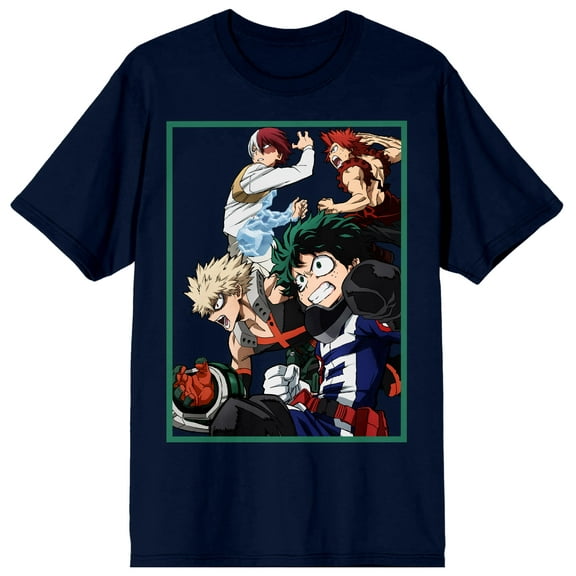 My Hero Academia Izuku, Katsuki, Shoto, and Eijiro Men's Navy Tee With Short Sleeves and Crew Neck-Medium