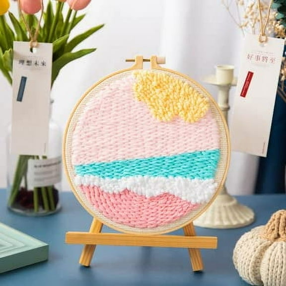 Punch Needle Embroidery Starter Kits for Kids and Adults Beginners with Punch Needle Tool,Threader, Stamped Fabric Embroidery,Hoop,Pink Sea Yarn Rug Punch Needle