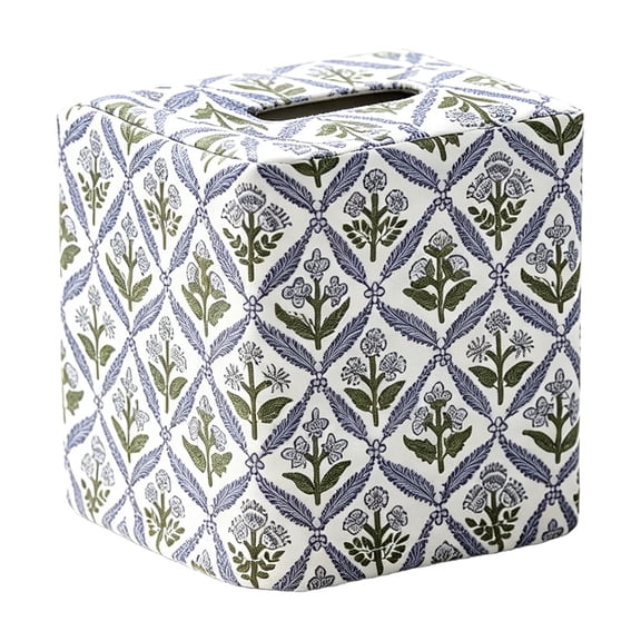Yomiee Vintage Floral Tissue Box Cover, Square Tissue Box Holder with Blue Green Botanical Flower Print, Decorative Tissue Box Cover for Bathroom, Vanity, Bedroom, Kitchen, Office Home Decor