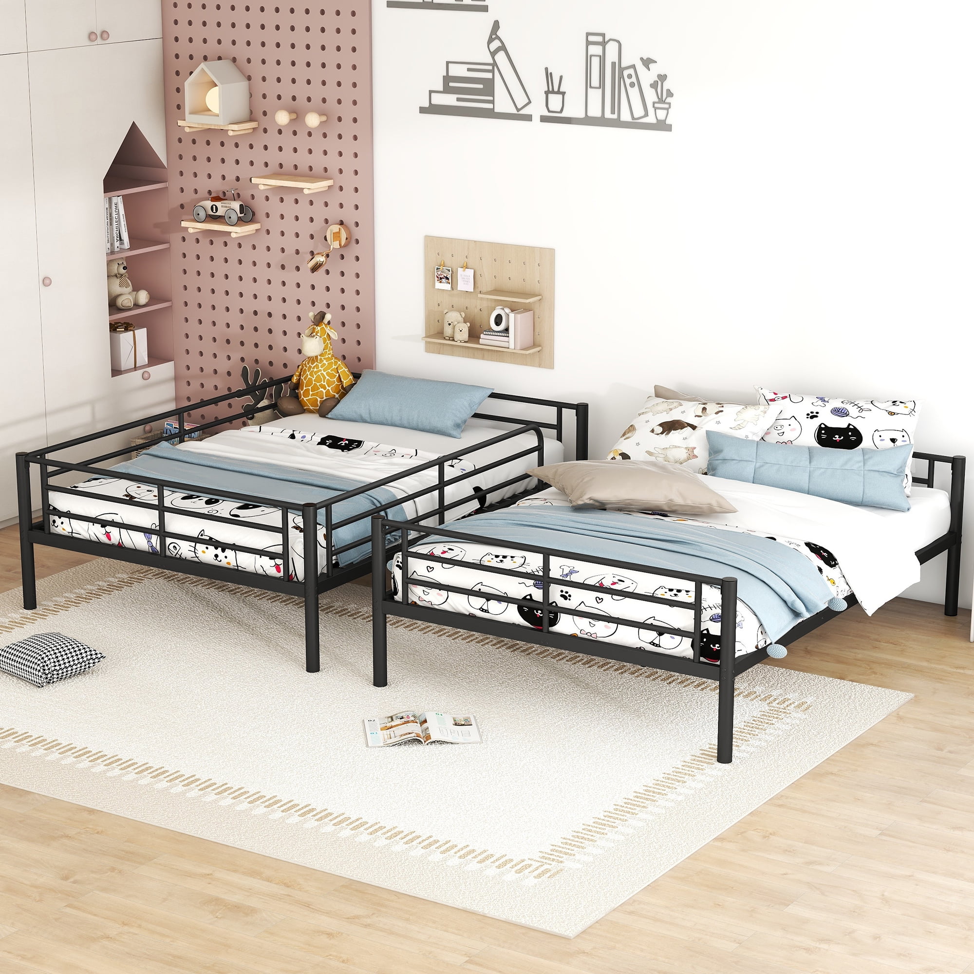 DEALTOPS Full Over Full Metal Bunk Bed, Metal Bedframe with Ladder and Guardrail, Black