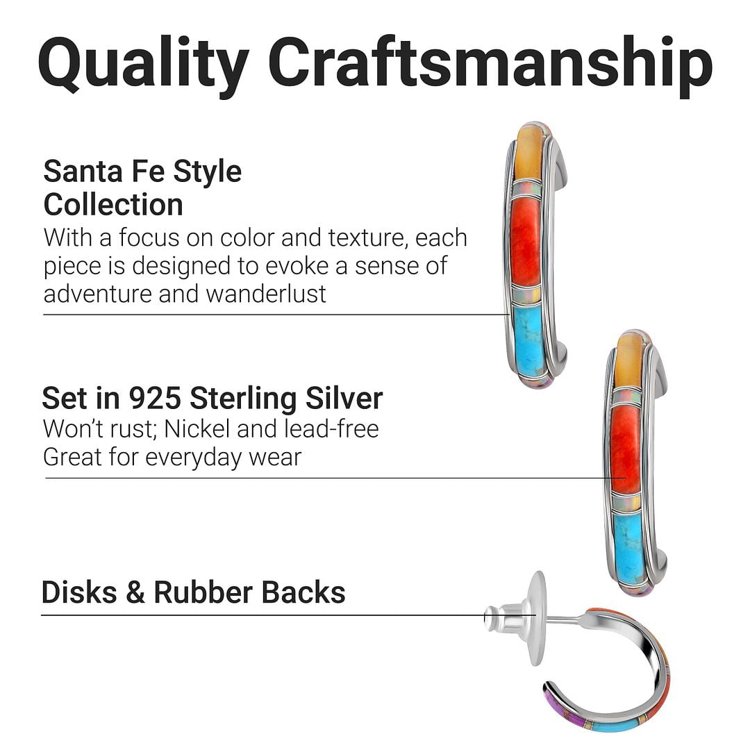 Santa Fe Style Multicolor Turquoise J-Hoop Earrings for Women 925 Sterling Silver Boho Western Jewelry  Boho Western Birthday Gifts for Women