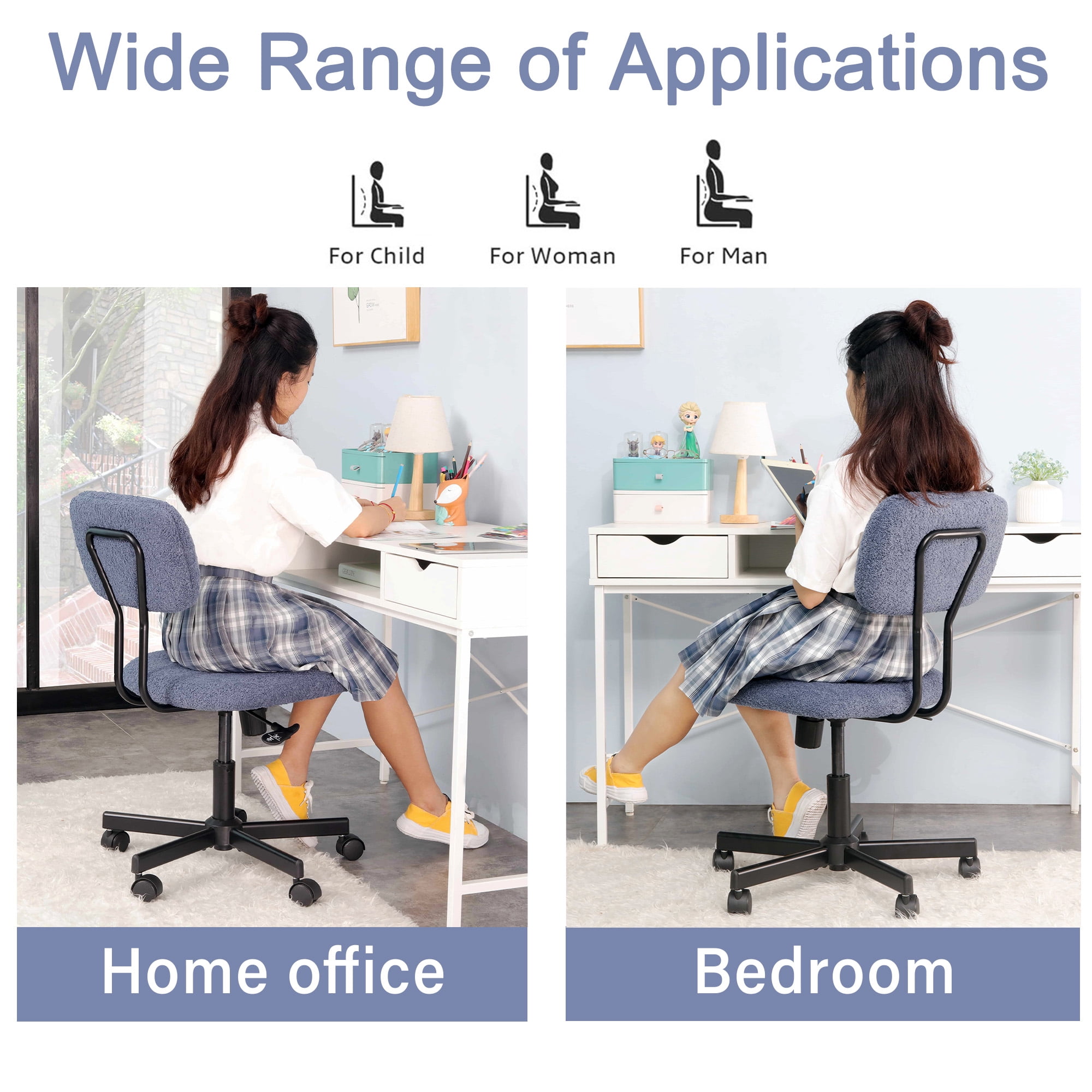 JJS Low Back Velvet Fabric Armless Home Office Computer Chair in Blue