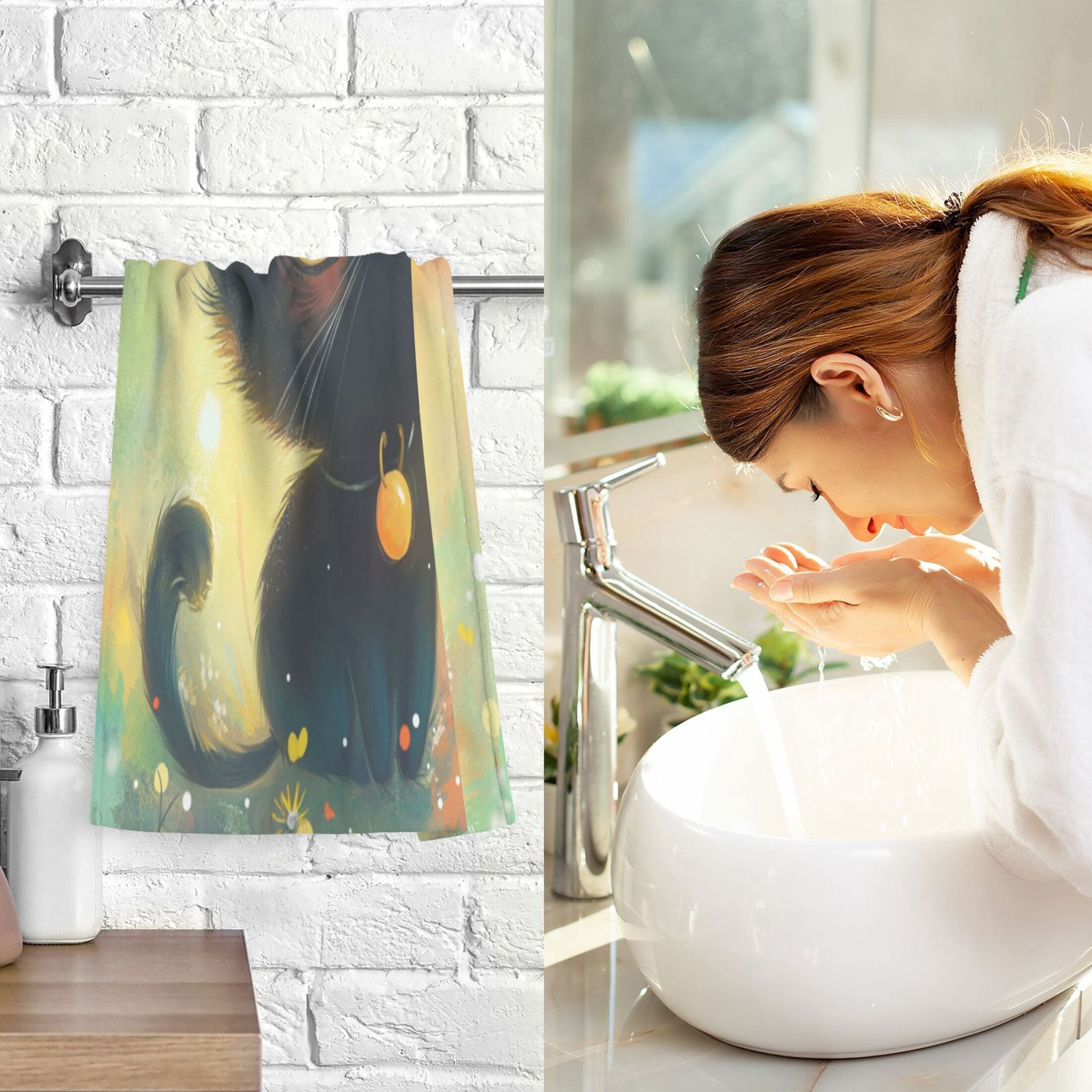 Cotton Towel Two-Piece 16x28 Inch One Sizex2 Face Towel Set Towel Set Cotton Hand Bath Towel Bathroom Beach Adorable Black Cat