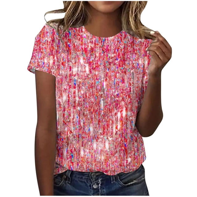 Liquidation! Uooqdmx Hauts Pailletés pour Femmes, Chemises à Manches Courtes pour Femmes, Hauts à Sequins pour Femmes, T-Shirt Décontracté à Col Rond Imprimé à Sequins, Chemises d'Été pour Femmes, Rose L