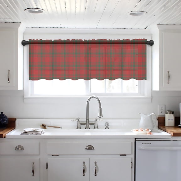Merry Christmas Valance Curtains for Kitchen/Living Room/Bathroom/Bedroom Window, Xmas Red Green Plaid Checkered Rod Pocket Small Topper Half Short Window Curtains Voile Sheer Scarf 54"x18"