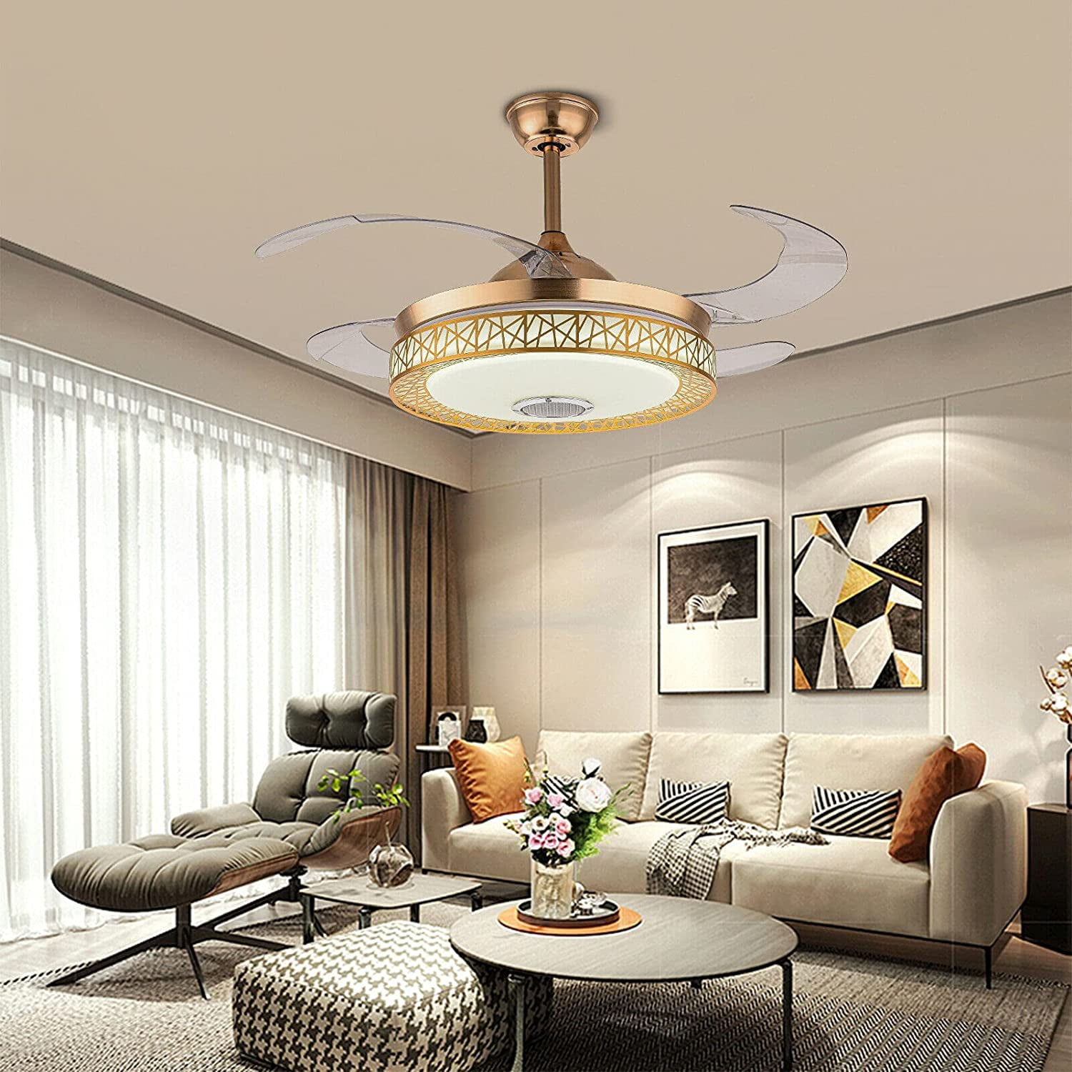 Details about   42" Bluetooth Invisible Ceiling Fan Light LED 3-Color Music Player Chandelier 