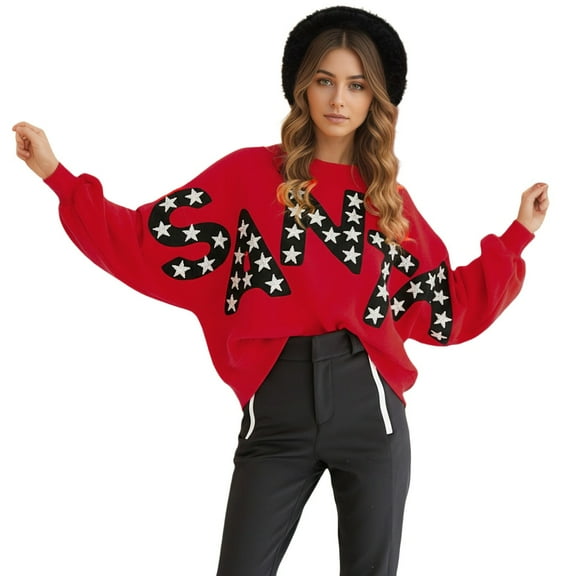 IWRICH Women's Sequin Christmas Sweatshirt Cute Graphic Sparkly Long Sleeve Crew Neck 20s Oversized Xmas Pullover Tops Red S