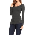 thumbnail image 3 of Moa Collection Women Basic Stretch Pull On Casual Long Sleeve Scoop Neck Fitted Solid T-Shirt Top Heather Charcoal M, 3 of 5