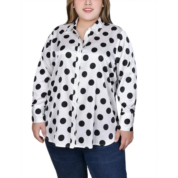 Plus Size Long Sleeve Dotted Satin Blouse