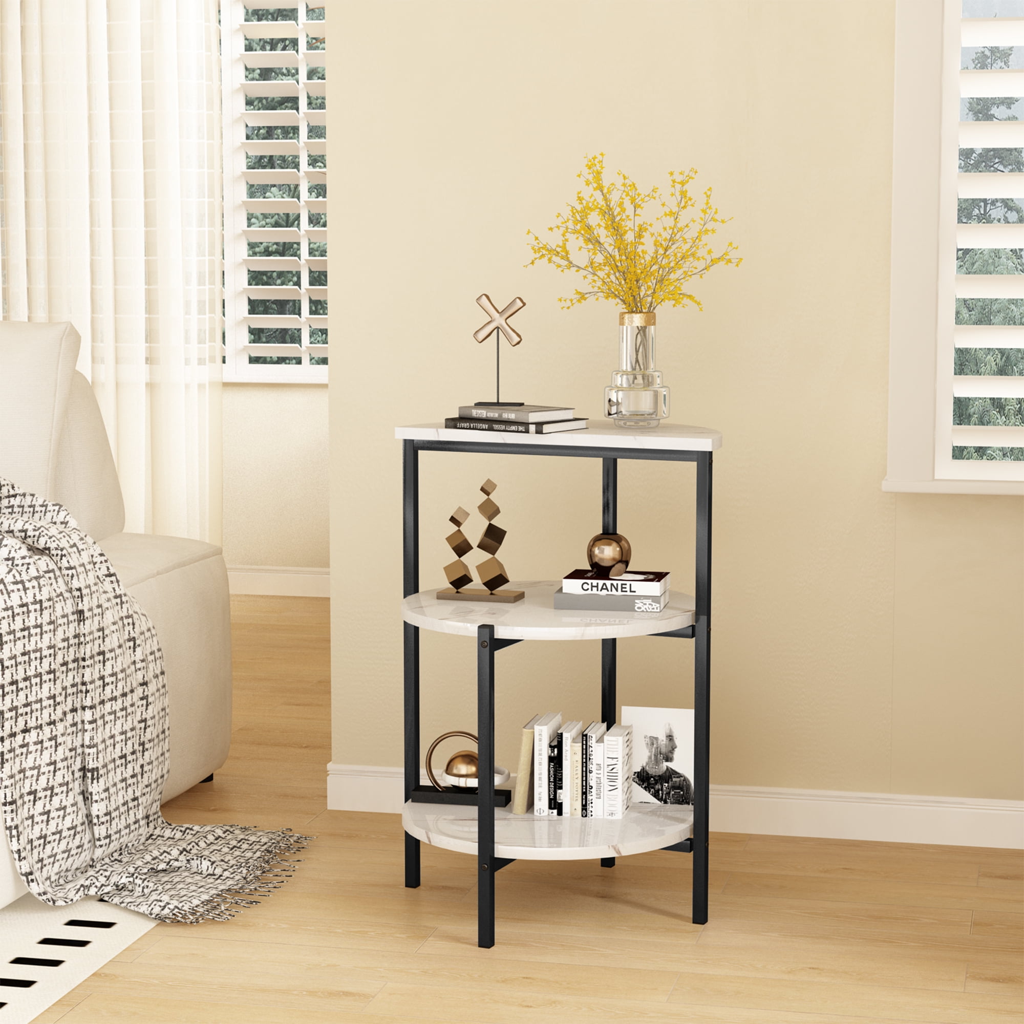 Baxluxe Marble Side Table Set with Storage Shelves, Set of 2 Round Faux Marble End Table, Metal Frame Small Accent Coffee Table Nightstand, 3 Legged Living Room Table for Small Space, White+Black