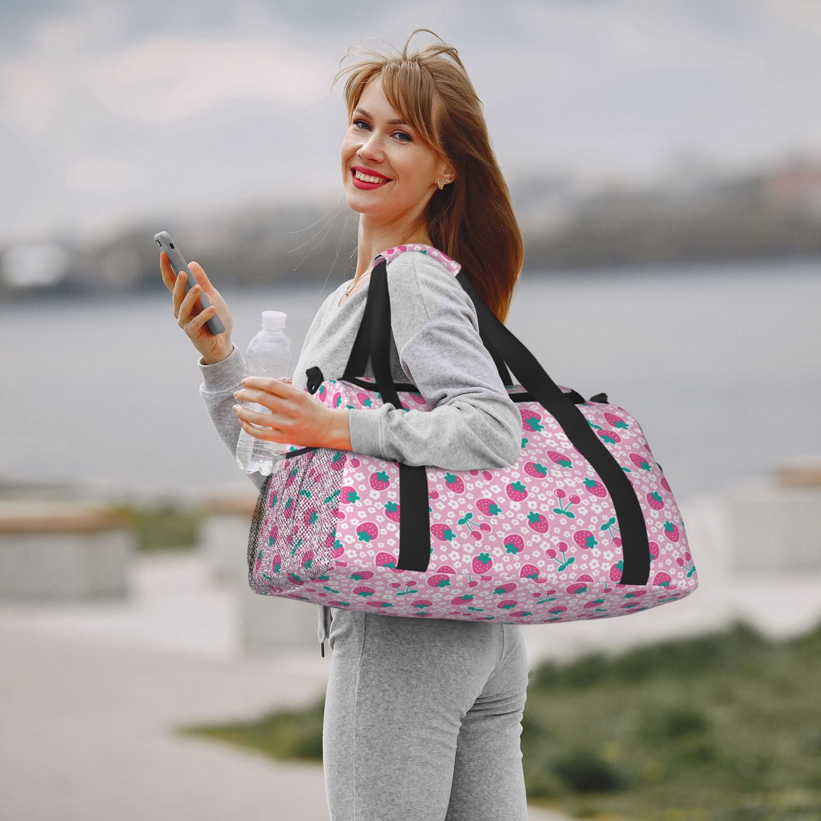 Fuzoiu Cherry Strawberry Print Travel Duffle Bag,Carry On Tote Bags,Duffel Bag,Sport Gym Bag, Hospital Bag for Labor and Delivery, Overnight Bag,Luggage Bag