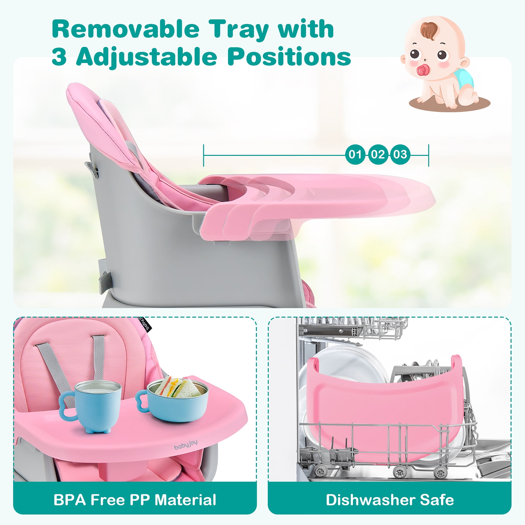 Costway 8-in-1 Baby High Chair Convertible Dining Booster Seat w/ Removable Tray Pink
