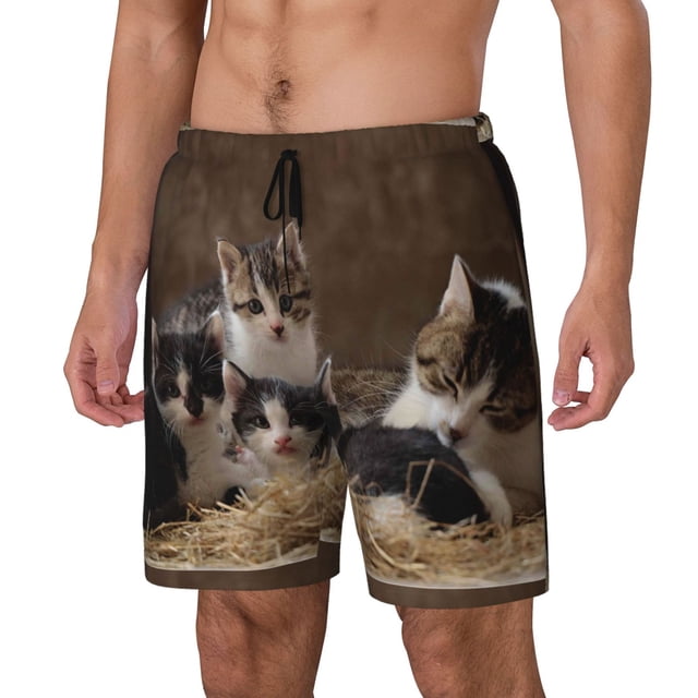 Balery Cat Family Bañador para hombre, shorts de playa de secado rápido con entrepierna y forro de compresión-3X-Large