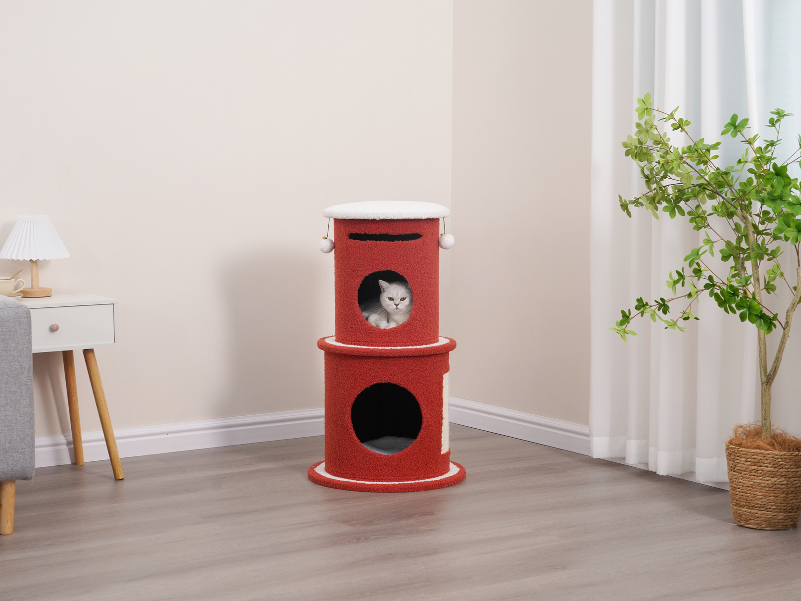Vibrant Life 3-Level 32.3" High Dynamic Hideaway Cat Condo with Scratching Pad, Red