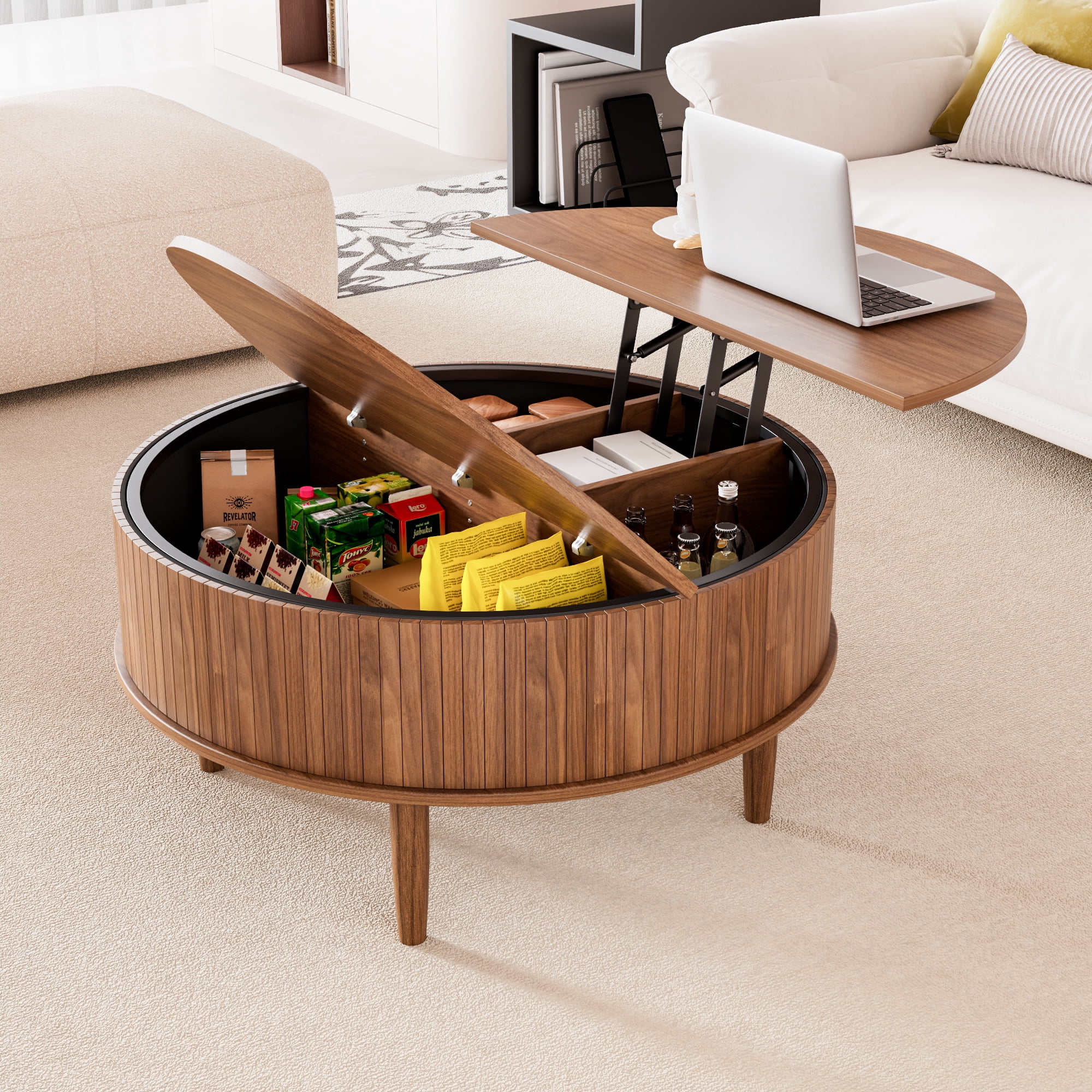 Round Lift Top Coffee Table with Storage, Center Table with Hidden Compartment, Circle Coffee Table for Living Room, Walnut