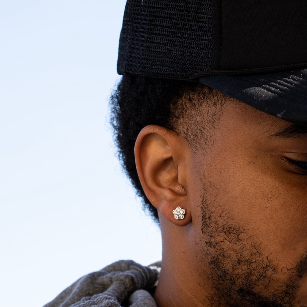 Men's Women's White Gold Sterling Silver Flower Cluster Star Hip Hop Screw Back Stud Earrings