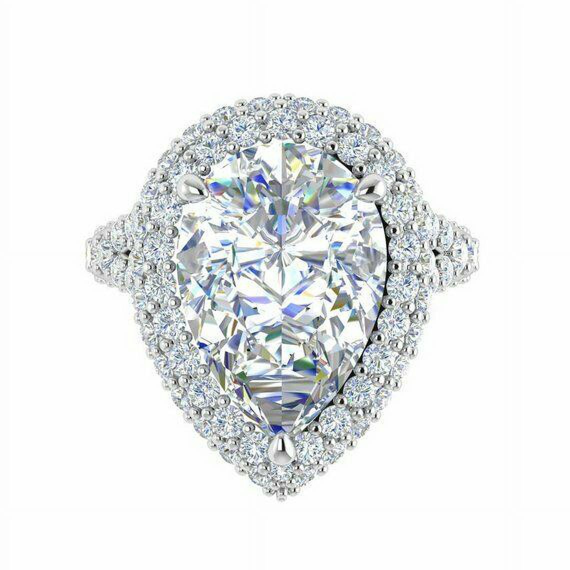 HeartsAndYou 2ct Pear Cut Moissanite Split Shank Double Halo Engagement Ring for Women 18k White Gold over Silver