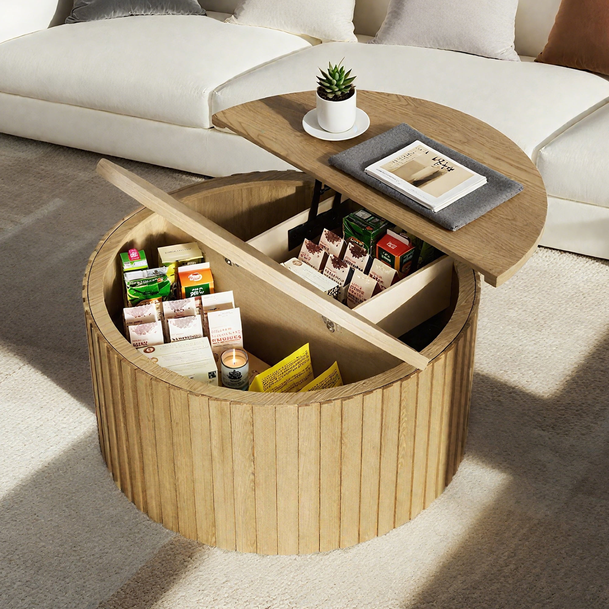 Round Coffee Tables for Living Room, Lift Top Coffee Table with Storage, Circle Center Table for Office, Wood Color