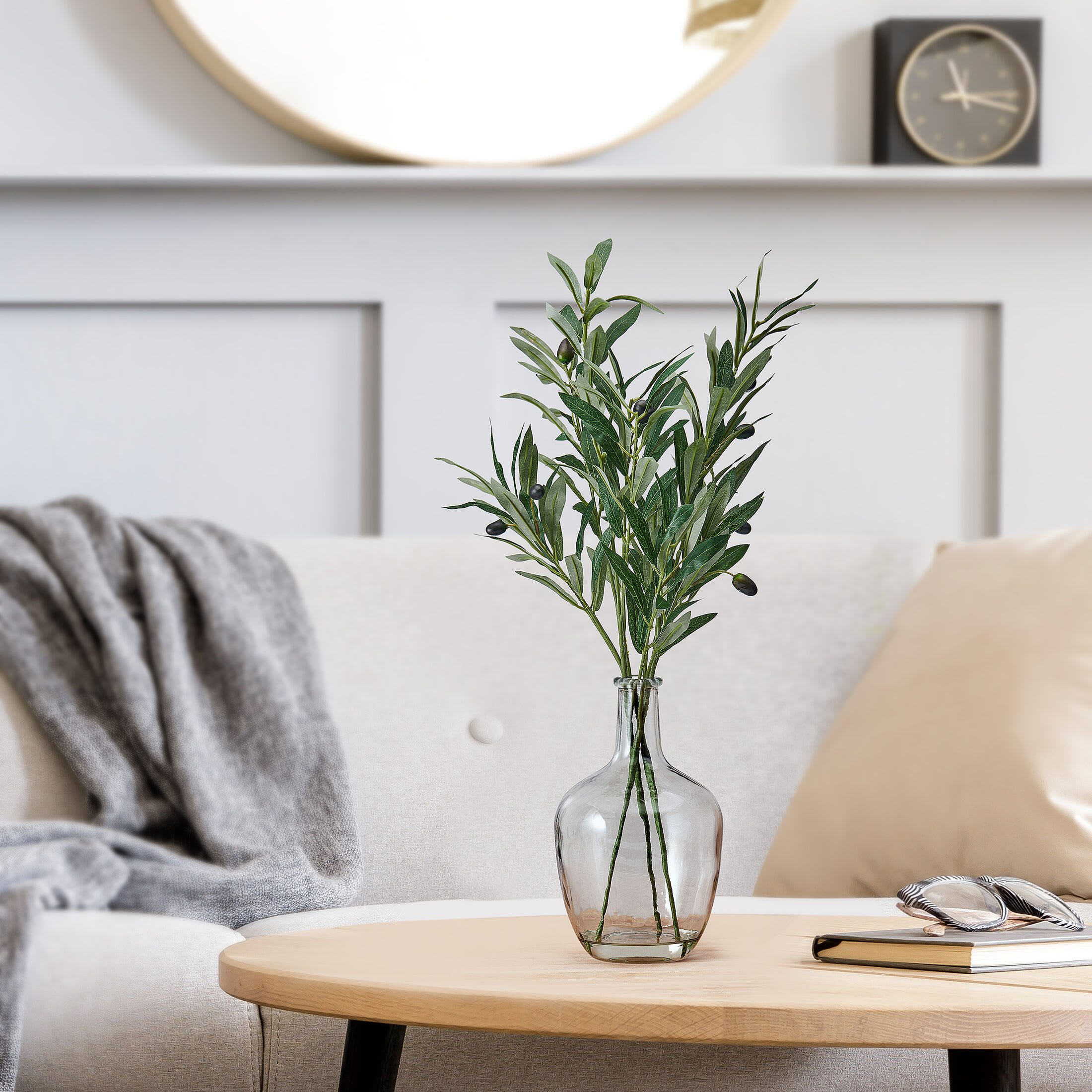 Elements Artificial Olive Branch Arrangement in Clear Glass Vase, Realistic Look and Feel