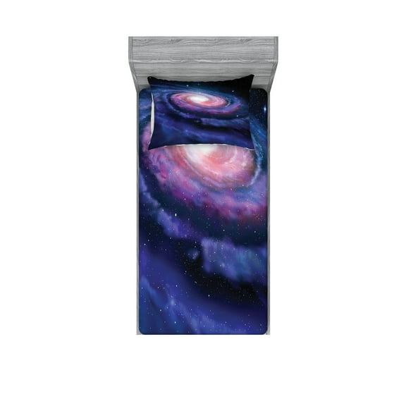 Ambesonne Galaxy Fitted Sheet & Pillow Sham Set, Nebula in Outer Space, Twin, Mauve Blue