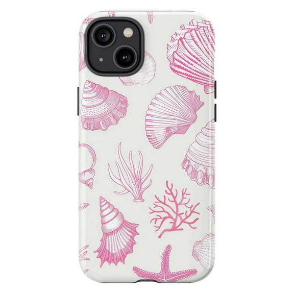 Pink Seashell & Coral Line Art Phone Case – Dual Layer for iPhone 16/15/14/13/12/11 Pro Max