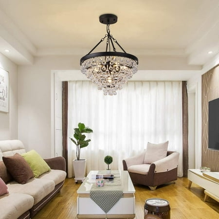 

AFANQI 9 Lights Crystal Beads Chandeliers 19 110V Modern Raindrop Ceiling Light Fixture for Living Room Bedroom Black Finish Metal