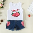 thumbnail image 2 of 6 Months Baby Girls Clothes 12 Months Girls 2PCS Summer Outfits Set Letter Strawberry Print Infant Girls Sleeveless Top Denim Shorts Set White, 2 of 6