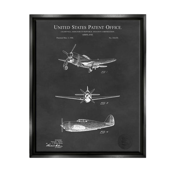 Stupell Industries Vintage Airplane Vehicle Diagram Graphic Art Jet Black Floating Framed Canvas Print Wall Art, Design by Karl Hronek