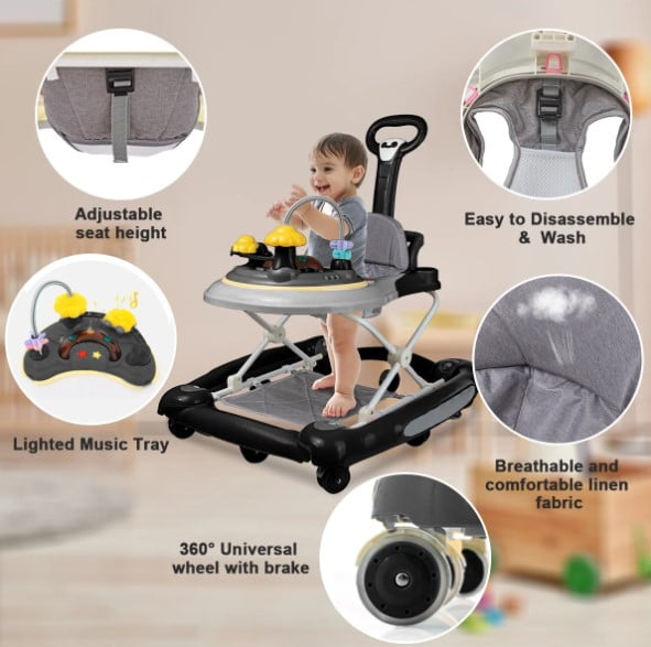 LHUAI Baby Walker With Bouncer, Removable Footrest, Feeding Tray & Music, Foldable & Adjustable Activity Walker For Boys And Girls, Toddler Infant, Black