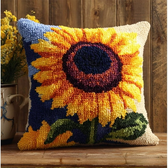 Latch Hook Kits Pillow Printed Canvas Diy Flower Sunflower 17X17 Inch Handmade Cushion Crochet Yarn Embroidery Needlework Hook Latch Kit Pillowcase Rug Cover Christmas Home Sofa Decoration
