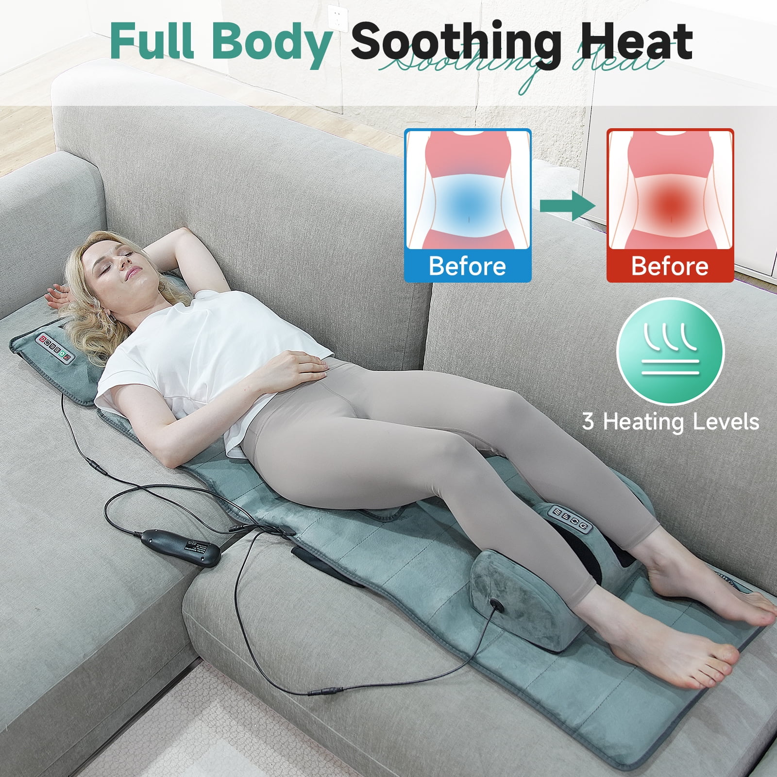 HEMXSZH Full Body Massage Mat with Remote Vibration & Heat, Foot Massage Headrest & Lumbar Pillow, Gray