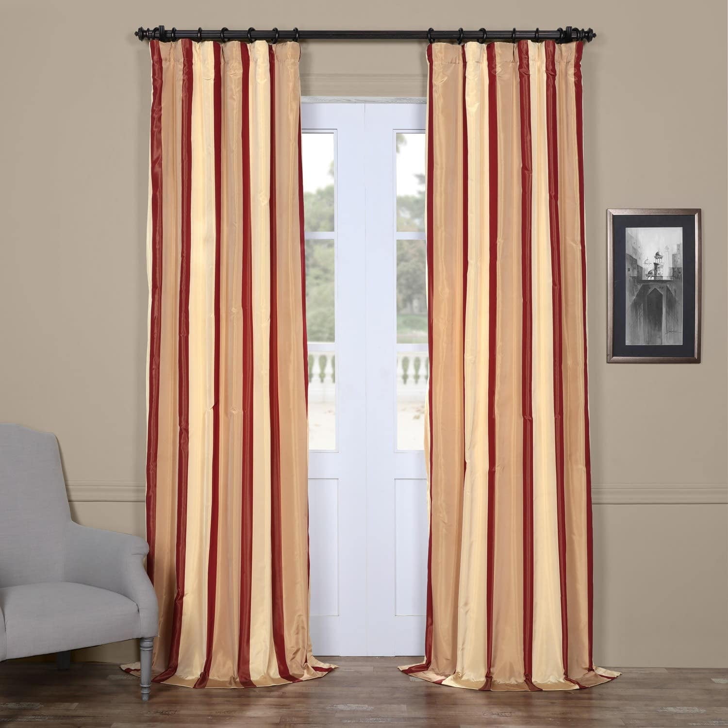 Exclusive Fabrics Cream/ Burgundy/ Tan Stripe Faux Silk Taffeta Curtain