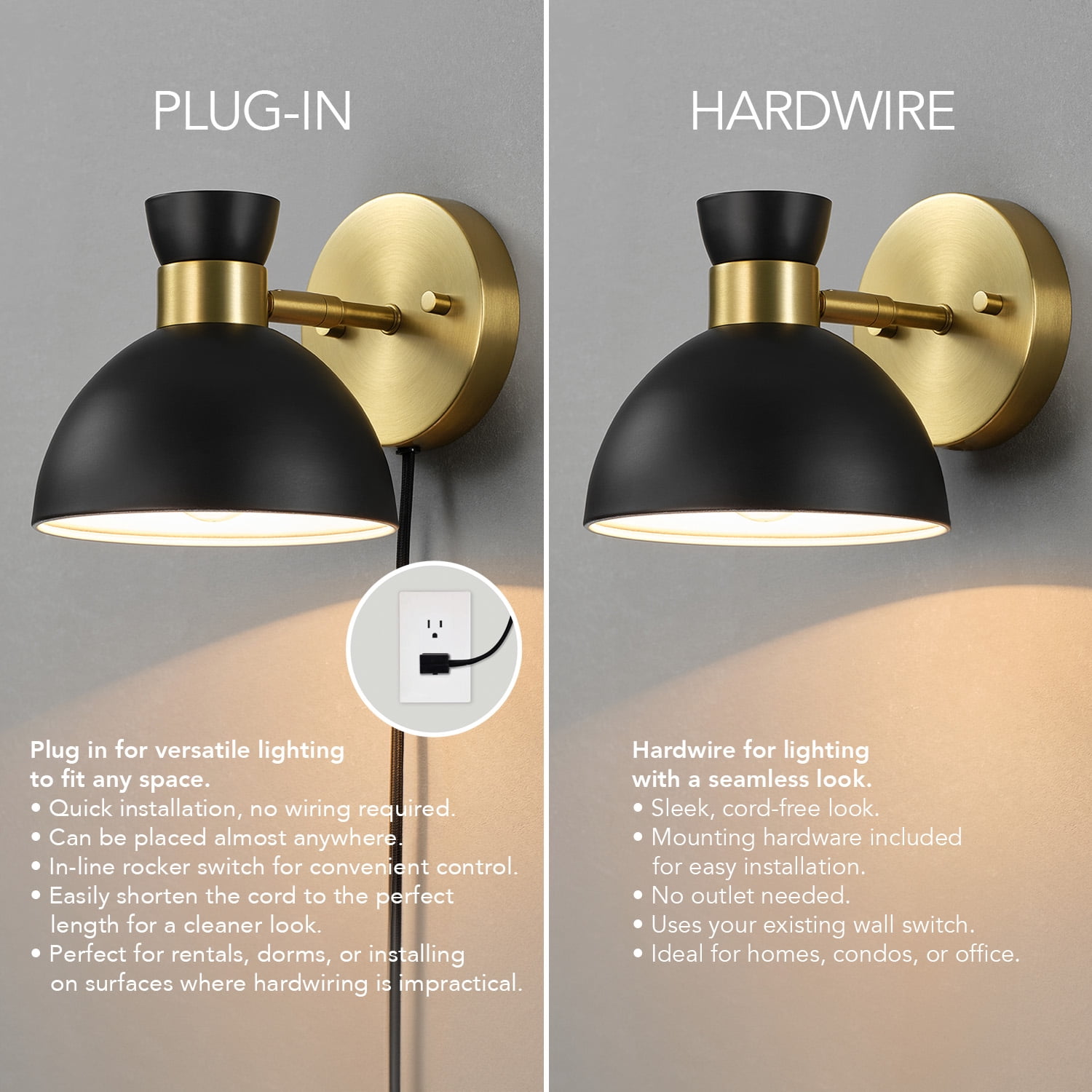 Globe Electric 1-Light Matte Brass Plug-in or Hardwire Indoor Wall Sconce with Pivoting Shade