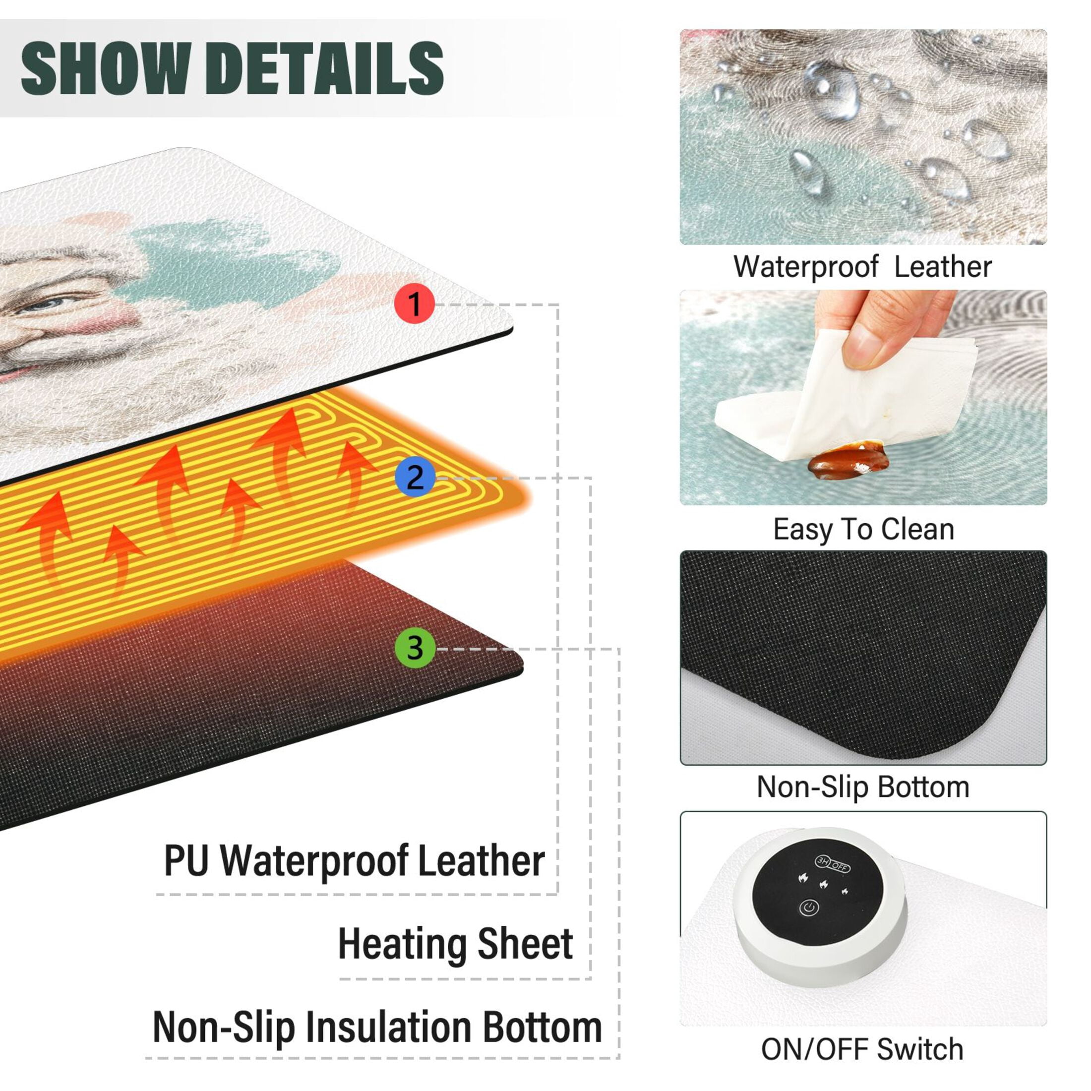 Large Heated Desk Mat Mouse Pad 31.5"x13"PU Leather Graphene Heating Desk Warmer with 3 Temperature Settings 110V US Plug Non-Slip Warm Pad for Home, Office, and Gaming Smiling Santa Claus Pattern