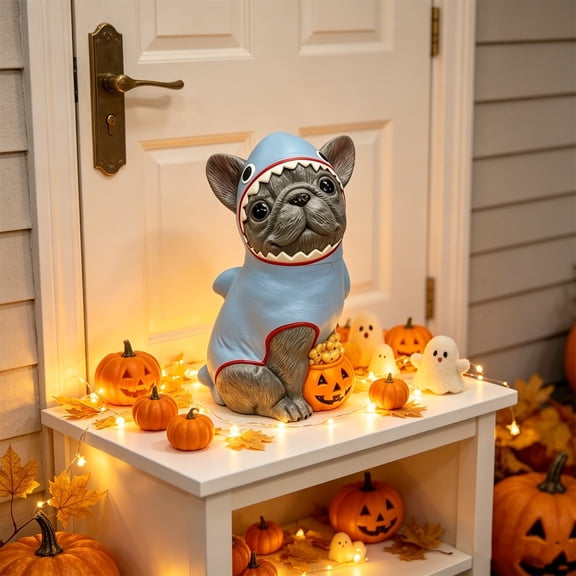 Halloween French Bulldog Shark Costume Statue, Frenchie Pumpkin Bucket Figurine, Fall Porch Resin Dog Sculpture for Home Outdoor Holiday Decor Gift