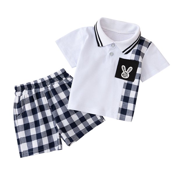 Odeerbi 1-8 Años Niños Trajes de Verano Plaid Algodón Cuello de Botón Camiseta Manga Corta Pantalones Cortos Conjunto de Dos Piezas