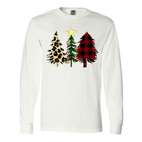 Inktastic Three Christmas Trees in Plaid and Leopard Print Long Sleeve T-Shirt