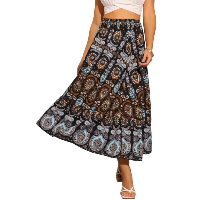 Faldas florales INSPIRE CHIC para mujer, falda maxi fluida de playa casual con cintura alta elástica en negro